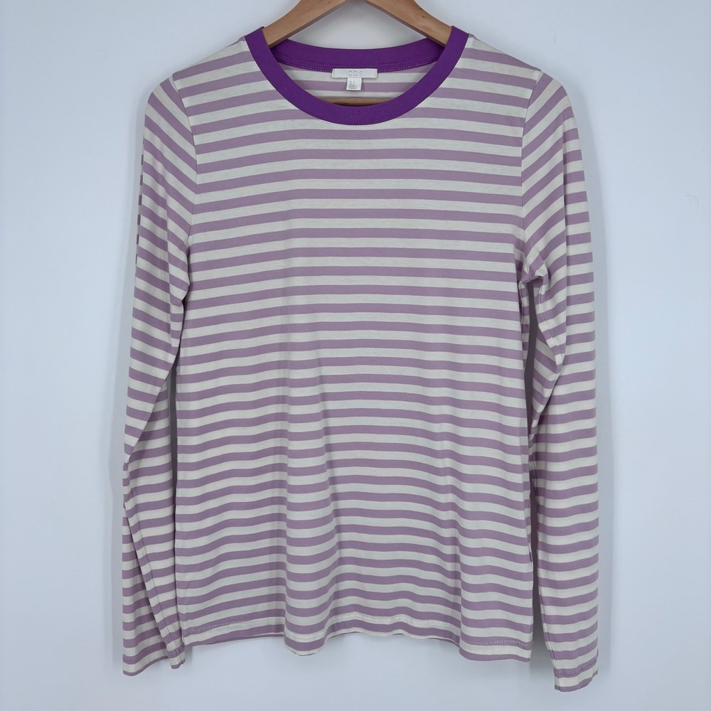 COS Long Sleeve Cotton Crew Neck T-Shirt Womens S Purple White Striped Basic